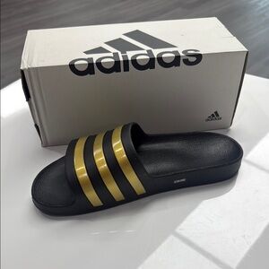 NEW Adidas Size 9M/10W Adilette Black/Gold Aqua Slides (with box)